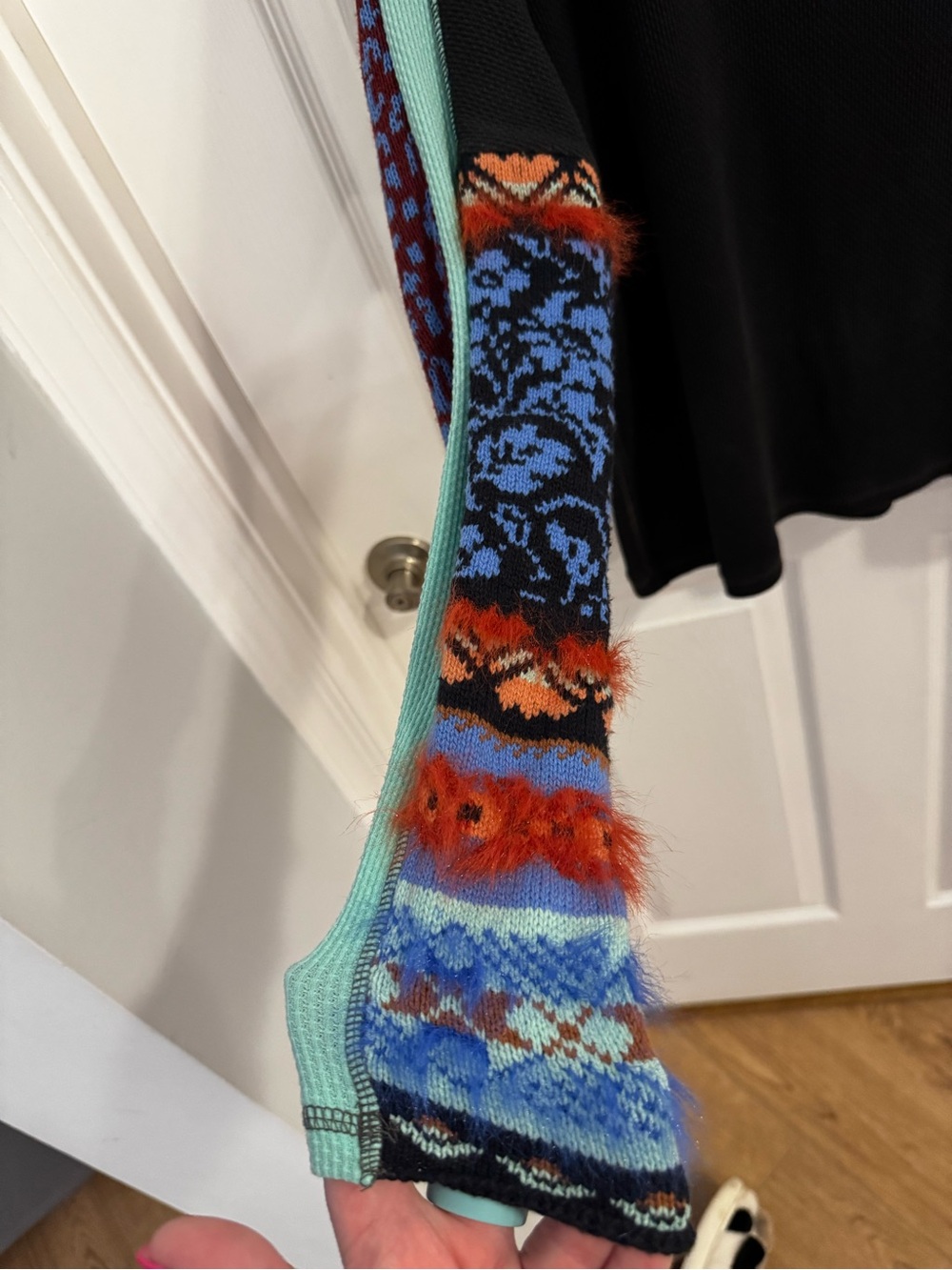 Free People Black Sweatshirt with Mint Trim and Multicolor Patterned Sleeves - Picture 4 of 5
